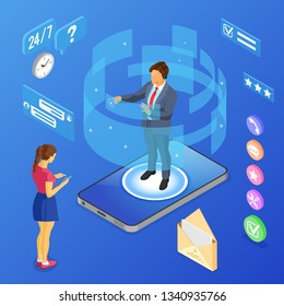 Online isometric customer support concept. Mobile call center with man consultant, headset, rating, chat icons, mobile phone. isometric people. isolated vector illustration