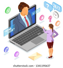 Online isometric customer support concept. Mobile call center with man consultant, headset, laptop, chat icons. isolated vector illustration