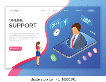 Online isometric customer support concept. Mobile call center with male consultant, headset, chat icons. landing page template. isolated vector illustration