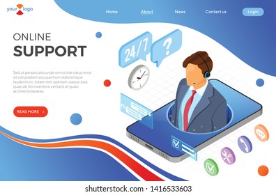 Online isometric customer support concept. Mobile call center with male consultant, headset, chat icons. landing page template. isolated vector illustration