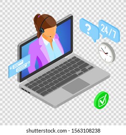 Online isometric customer support concept. Mobile call center with female consultant, headset, laptop, chat icons. support 24h online. isolated vector illustration on transparent background