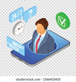 Online isometric customer support concept. Mobile call center with male consultant, headset, chat icons. support 24h online. isolated vector illustration on transparent background