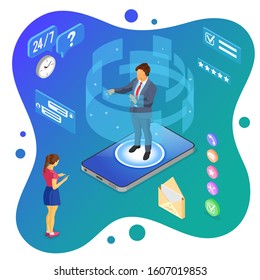 Online isometric customer support concept. Mobile call center with virtual man consultant, headset, rating, chat icons, mobile phone. isometric people. isolated vector illustration