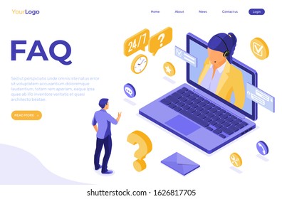 Online isometric customer support concept. Mobile call center with female consultant, headset, laptop, chat icons. landing page template. FAQ. isolated vector illustration