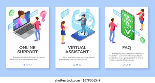 Online isometric customer support FAQ virtual assistant templates. Vertical banners call center smartphone laptop with woman man consultant headset rating chat icons. isolated vector illustration