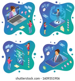 Isomometrische Online-Vorlagen für den Kundensupport. Banner rufen Center Smartphone, Laptop mit weiblichen, männlichen virtuellen Berater, Headset, Bewertung, Chat-Symbole. einzelne Vektorillustration
