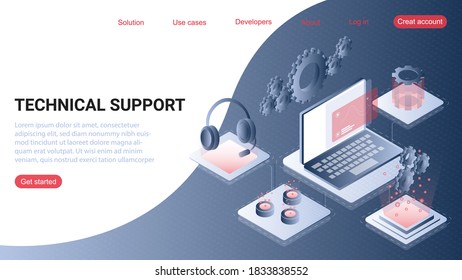 Online isometric customer technical support concept. Conceptual isometric vector illustration for web and graphic design.