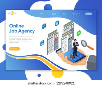 Online isometric employment, recruitment and hiring concept. Internet job agency human resources. Hand with smartphone, job seeker and resume. Landing page template. vector illustration