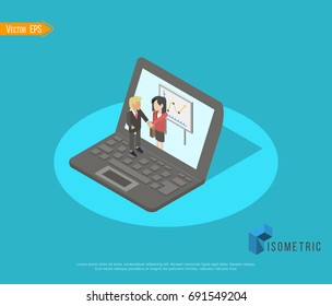 Online isometric. Two confident business man shaking hands during a meeting in the office, success, dealing, greeting and partner concept.