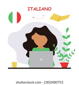 Online Italian courses, distance learning, a girl learns Italian online. Education at home, in front of a laptop. Open book and Italiano text. Vector illustration eps 10.