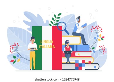 Online Italian language courses flat illustration. Distance education, remote Italian school or university. Language Internet class, e learning, Students reading books. Teaching foreign languages isolated