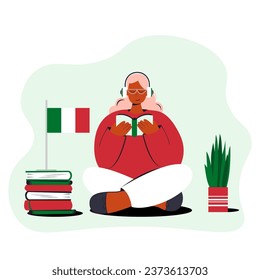 Online Italian language courses flat vector illustration. Distance education, distance school,  University. A student is reading a book. Online classroom, e-learning language school