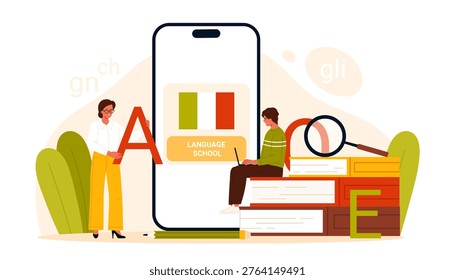 Online Italian language school concept with teacher, student using smartphone app, books and magnifying glass for studying Italian vocabulary grammar isolated on white background vector illustration