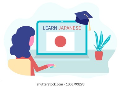 Online Japanese learning, distance education, learn concept. Language training and courses. Woman student studies foreign languages on a website in a laptop. Vector in flat design.