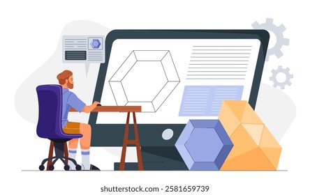 Online jeweler man. Young guy sits at computer near precious stones. Aesthetics and elegance, beauty. Online jewelry store or shop. Specialist evaluates diamonds. Flat vector illustration