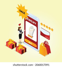 Online jewelry sale 3d isometric vector illustration concept for banner, website, landing page, ads, flyer template