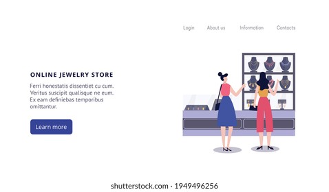 Online jewelry store banner, cartoon women shopping for jewellery