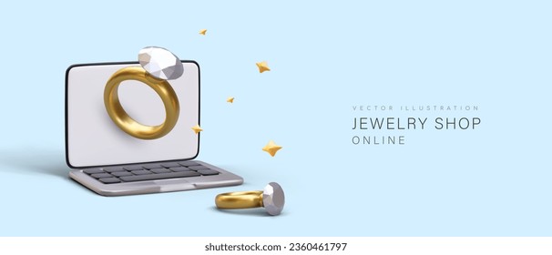 Online jewelry store. Open notebook, ring with diamond. Vector site advertising in cartoon style. Remote selection of jewelry. Template on blue background