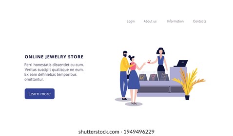 Online jewelry store website banner, cartoon seller and customers