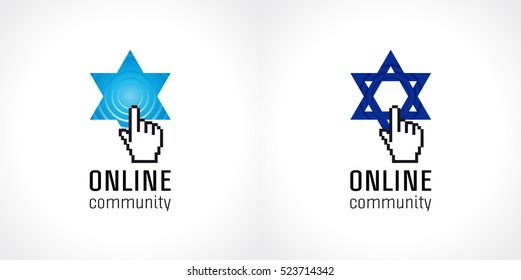 Online jewish community vector logo. The sign of internet education, religious Torah debate or global Tanah school in the shape of King David star, pointing pixel hand and call signal. Radio wave.
