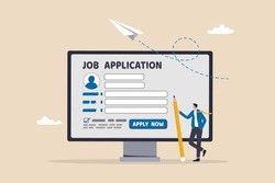 Online Job Application, Career Or Employment Submission Form, Candidate Recruitment, Job Search Or Resume And CV Document Upload Concept, Businessman Hold Pencil Fill In Computer Job Application Form.