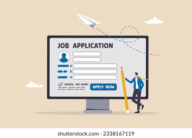 Online job application, career or employment submission form, candidate recruitment, job search or resume and CV document upload concept, businessman hold pencil fill in computer job application form. svg