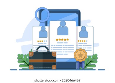 Online Job Application Concept, Job Candidate, Recruitment, Job Interview, Hiring, Wir stellen ein, auf der Suche nach Jobs. Wir stellen online ein. für Web-Seite, ui, App, Vorlage. Illustration