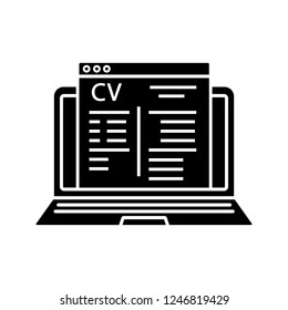 Online job application glyph icon. Job search website. Online resume builder, cv maker. Recruitment website. Silhouette symbol. Negative space. Vector isolated illustration