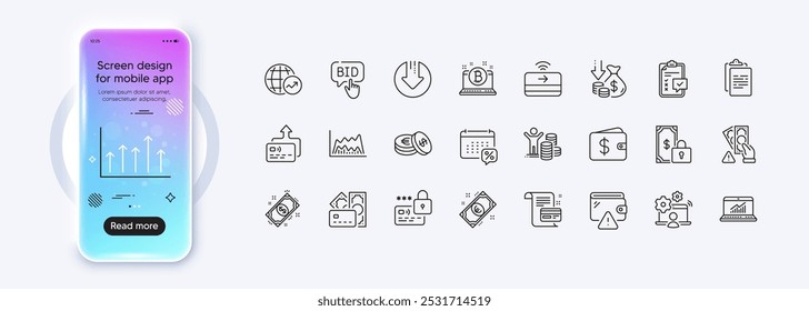 Online job, Contactless payment and Checklist line icons for web app. Phone mockup gradient screen. Pack of Bitcoin, Calendar tax, Payment pictogram icons. Bribe, Budget profit, Card signs. Vector