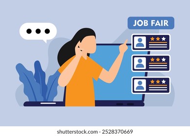 Online Job Fair Concept with Candidate Profiles and Woman Searching for Jobs 2d flat vector illustration