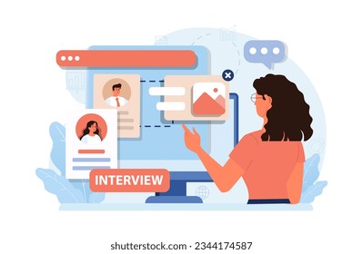 Online job fair. Hiring or job search online platform. Recruitment agency. Woman select a resume of a potential emloyee or employer. Flat vector illustration svg