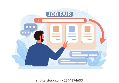 Online job fair. Hiring or job search online platform. Recruitment agency. Woman select a resume of a potential emloyee or employer. Flat vector illustration