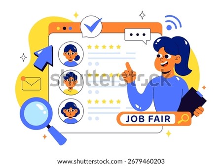 Online Job Fair Vector Illustration featuring We Are Hiring with Recruitment, Resume Selection Process, and Agency Interview in a Flat Background