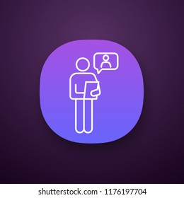 Online job interview app icon. UI/UX user interface. HR manager reading resume. Person holding tablet pc or clipboard. Web or mobile application. Vector isolated illustration