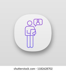 Online job interview app icon. UI/UX user interface. HR manager reading resume. Person holding tablet pc or clipboard. Web or mobile application. Vector isolated illustration