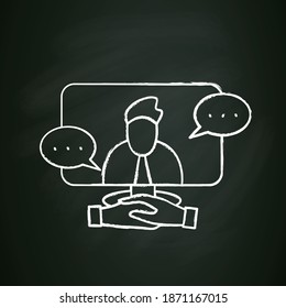 Das Online-Vorstellungsgespräch kreidet Symbol. Videokonferenz. Konzept der Einstellung interviewt Bewerber online. Fernuntersuchung der Headhunting. Einzige Vektorgrafik auf der Tafel