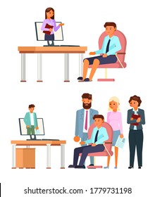 Online job interview character set, vector flat isolated illustration. Hr managers interviewing job candidates. Human resources, hiring, employment, video interviewing, modern communication technology