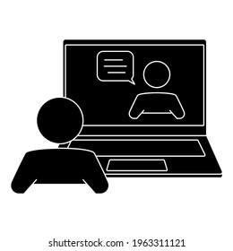 Entrevista laboral en línea. Comunicación en línea, charlando. Asistencia o servicio al cliente, asistencia técnica. Símbolo de soporte externo. Un hombre trabajando en una laptop con burbujas de voz. Icono de glifo. Vector