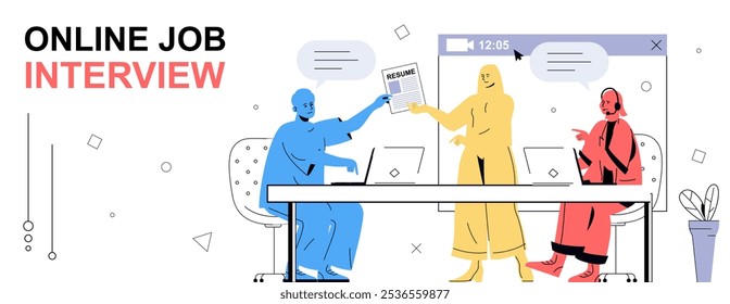 Conceito de entrevista de emprego on-line em design de desenho animado plano para web banner. Pessoas pesquisando novos funcionários, selecionando cv, entrevistando candidatos por chamada de vídeo e por reunião no escritório. Ilustração vetorial.