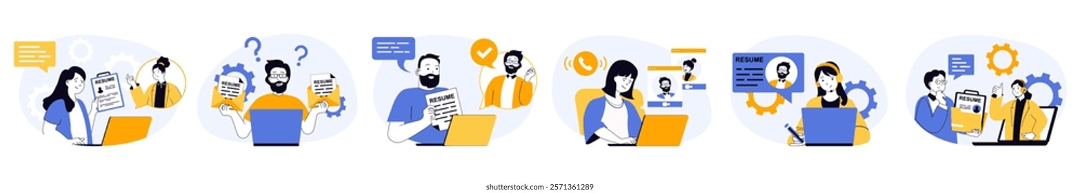 Online job interview concept set in flat web design. Collection with people searching employee, interviewing candidates by video call and hiring in staff. Vector illustrations on white background.