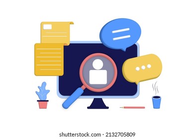 Online job interview, hiring employees, human resources, recruitment concept for web page, banner, presentation, social media. 3D vector illustration of people searching job, recruitment agency, cv.