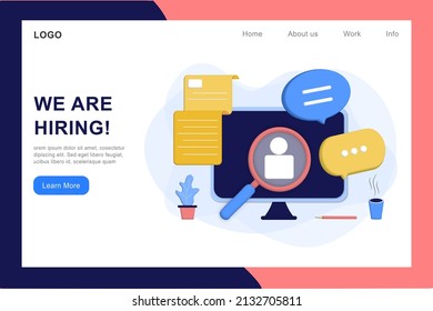 Online job interview, hiring employees, human resources, recruitment concept for web page, banner, presentation, social media. 3D vector illustration of people searching job, recruitment agency, cv.