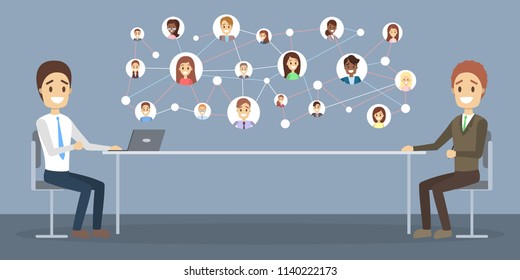Online job interview. Human resources manager looking for a job candidate in the internet. Recruitment concept. Flat vector illustration