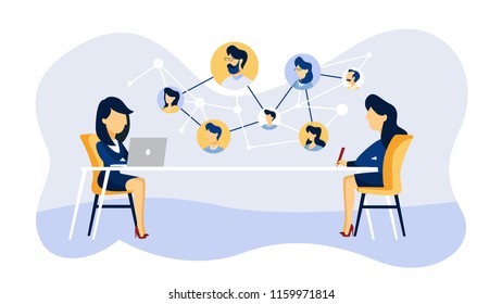 Online job interview. Human resources manager looking for a job candidate in the internet. Recruitment concept. Flat vector illustration
