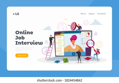 Online Job Interview Landing Page Template. Characters Asking Questions to Applicant About Work History Skills via Internet Conference Connection, Listen Candidate. Cartoon People Vector Illustration