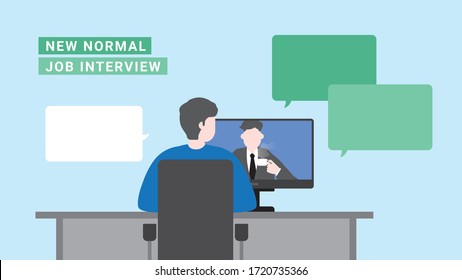 Online job interview lifestyle after pandemic covid-19 corona virus. New normal is social distancing. Flat design style vector concept