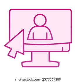 Icono de línea de entrevista de trabajo en línea. Monitor y silueta del hombre con pictograma de estilo de línea de gradiente del cursor sobre fondo blanco. Señales de caza de cabeza para el concepto móvil y el diseño web. Gráficos vectoriales