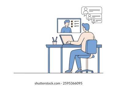 Online Job Interview Modern vectors, A vector illustration depicts the back view of a male employee engaged in an online interview through a video call. He is seated at his desk, communicating.