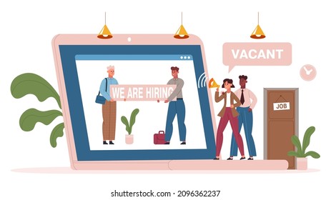 Online job interview, recruitment and hiring process service app. Internet hr platform, online hiring service vector illustration. Online business interview scenes. Candidates look to working remotely