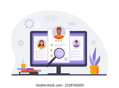 Online job interview. Recruitment and online interview with video conference concept. Flat vector illustration
